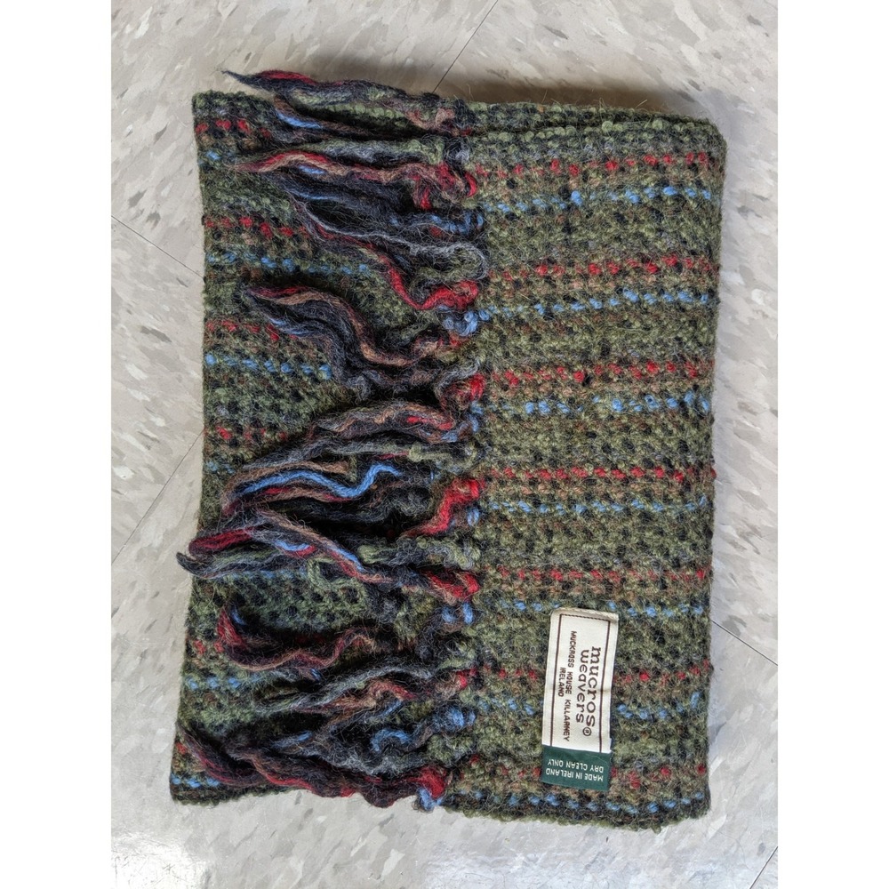 Mucros Weavers Ireland Wool Scarf Green Boucle Tweed Striped Fringe Killarney